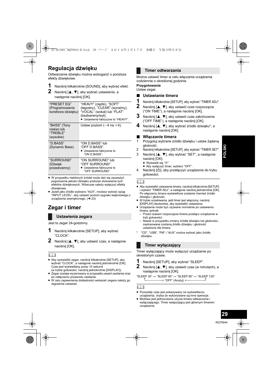 Regulacja dźwięku, Zegar i timer | Panasonic SCHC39EC User Manual | Page 29 / 76