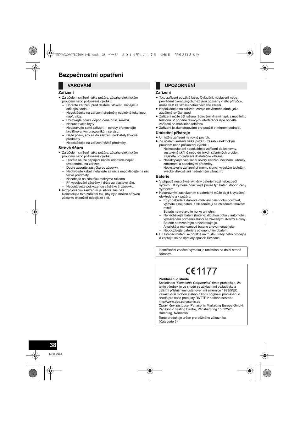 Bezpečnostní opatření | Panasonic SCHC39EC User Manual | Page 38 / 76