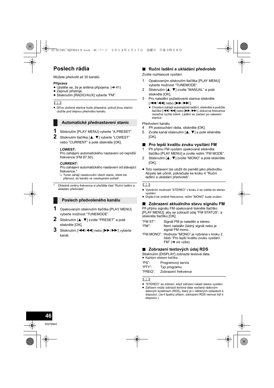 Poslech rádia | Panasonic SCHC39EC User Manual | Page 46 / 76