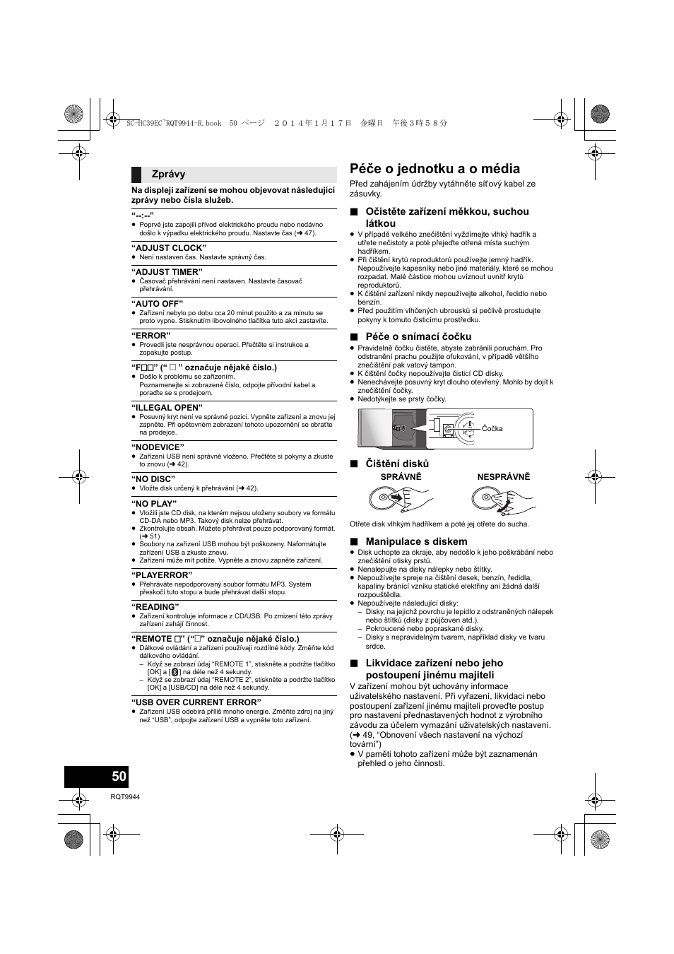 Péče o jednotku a o média | Panasonic SCHC39EC User Manual | Page 50 / 76