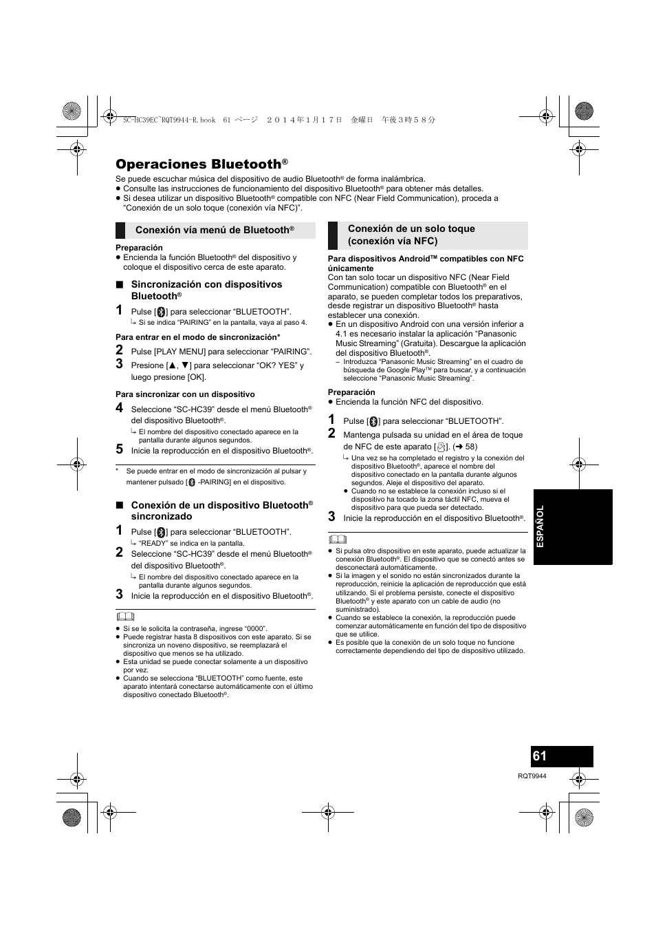 Operaciones bluetooth | Panasonic SCHC39EC User Manual | Page 61 / 76
