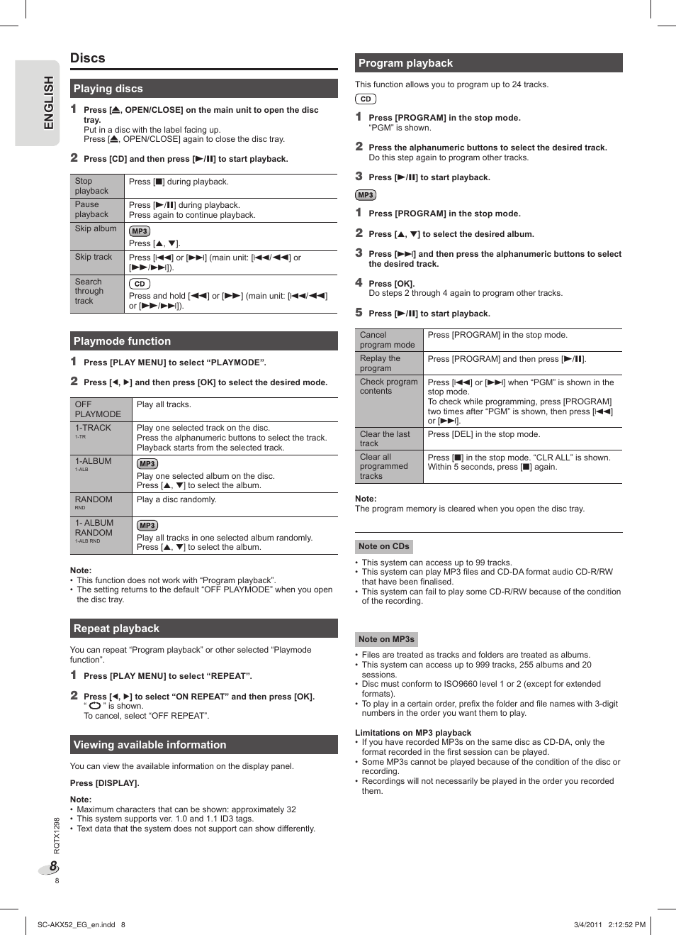 Discs, En g l is h engl ish | Panasonic SCAKX52EG User Manual | Page 8 / 44