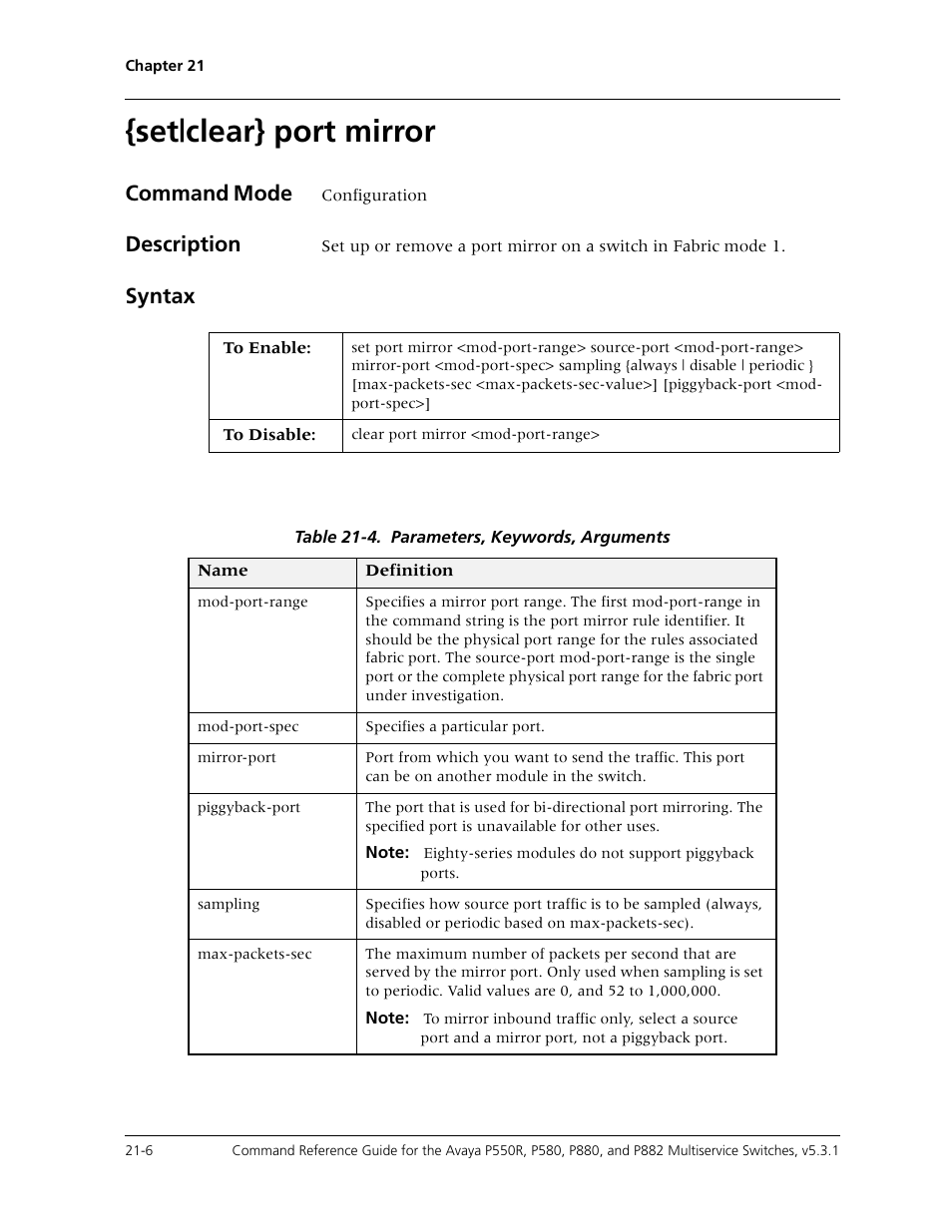 Set|clear} port mirror, Set|clear} port mirror -6, Command mode | Description, Syntax | Avaya Cajun P550R User Manual | Page 409 / 679