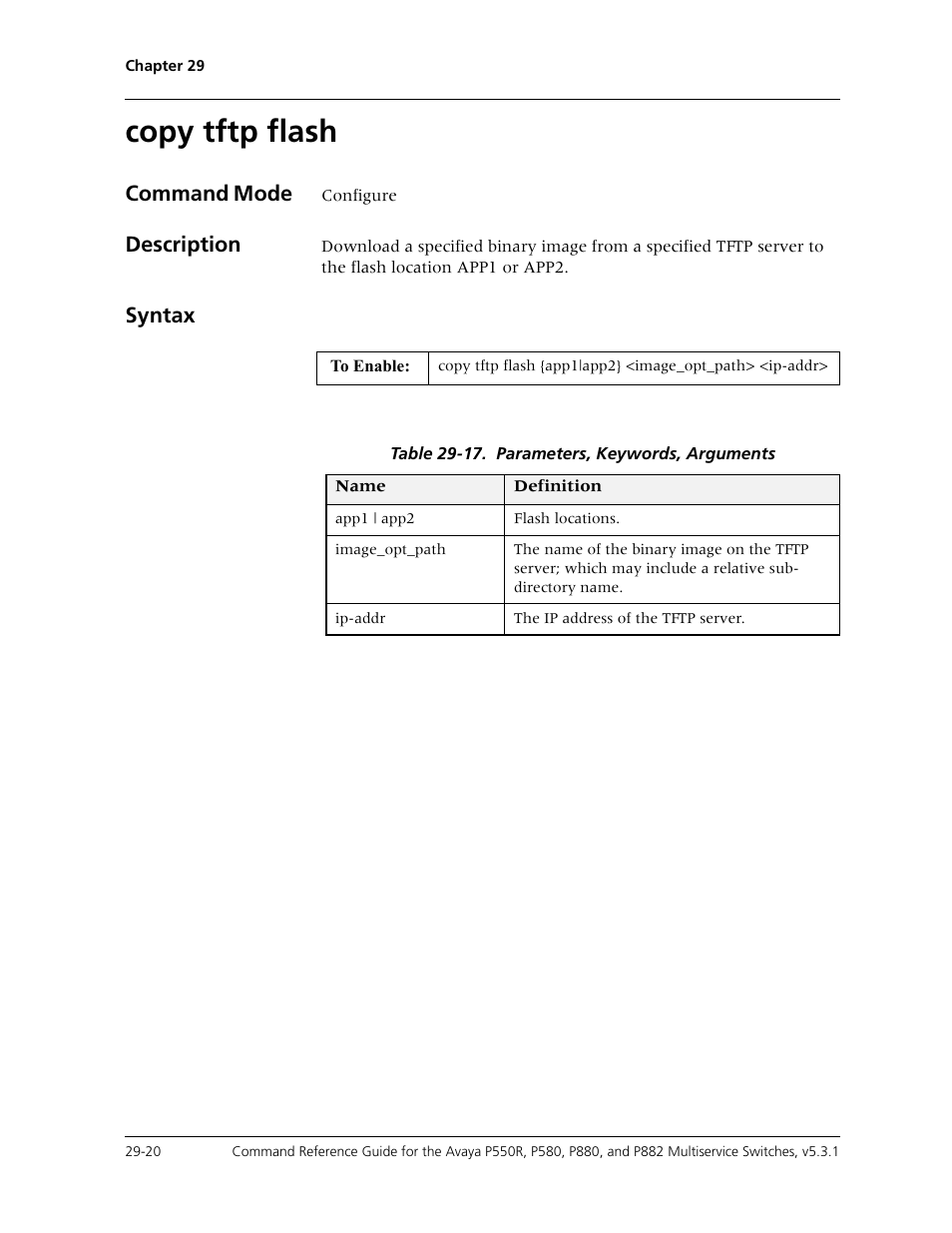 Copy tftp flash, Copy tftp flash -20, Command mode | Description, Syntax | Avaya Cajun P550R User Manual | Page 575 / 679