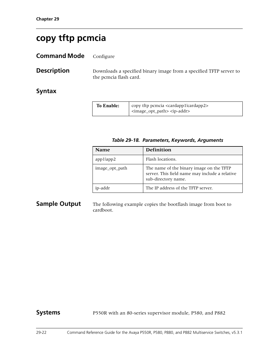 Copy tftp pcmcia, Copy tftp pcmcia -22, Command mode | Description, Syntax sample output, Systems | Avaya Cajun P550R User Manual | Page 577 / 679