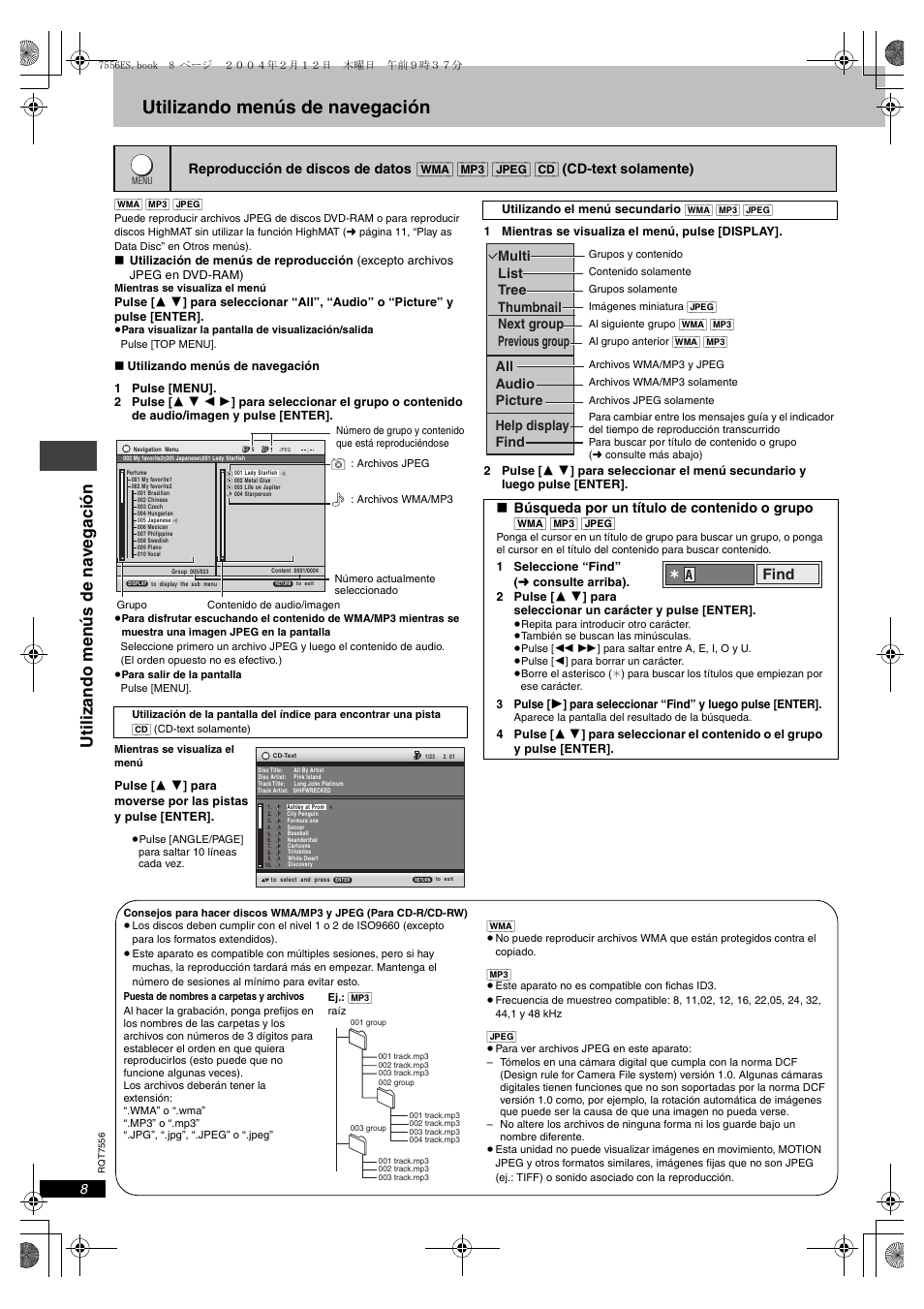 Utilizando menús de navegación, Ut il iz ando men ús de n a vegaci ón, Find | Panasonic DVDS47 User Manual | Page 8 / 16