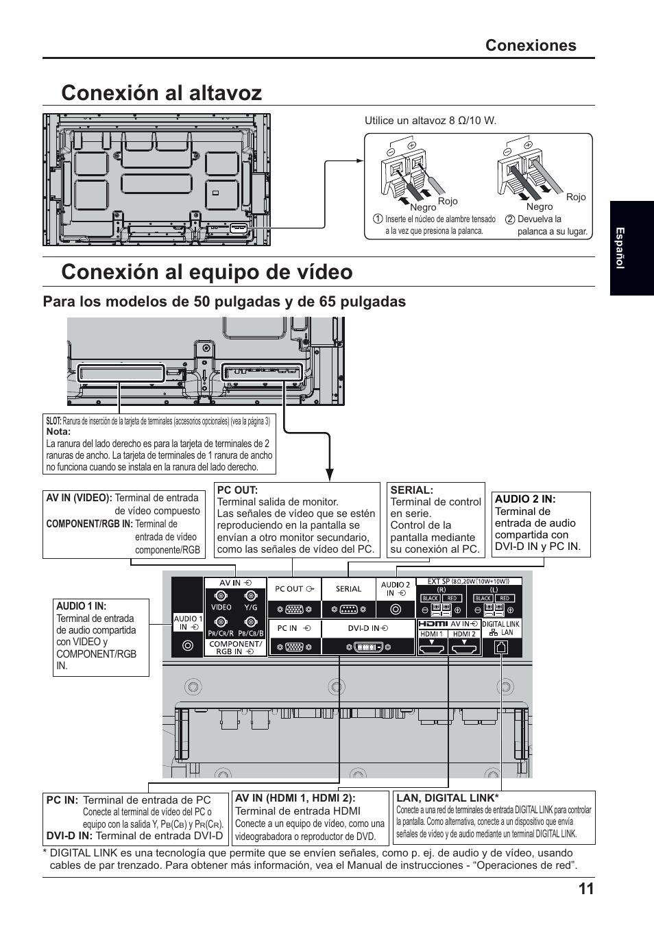 Conexión al altavoz conexión al equipo de vídeo, 11 conexiones, Para los modelos de 50 pulgadas y de 65 pulgadas | Panasonic TH50LFC70E User Manual | Page 31 / 40
