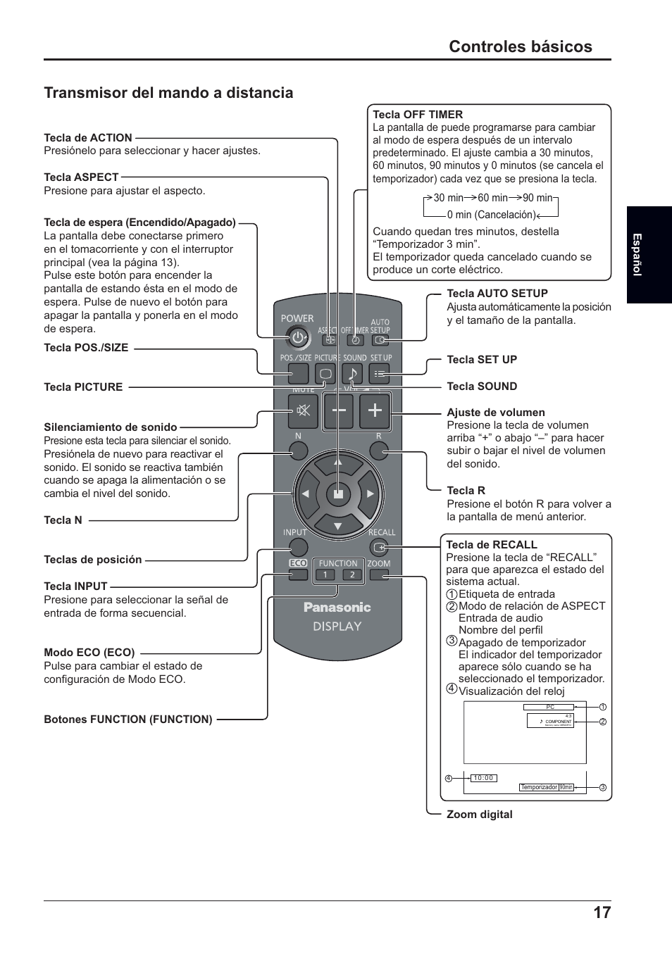 17 controles básicos, Transmisor del mando a distancia | Panasonic TH50LFC70E User Manual | Page 37 / 40
