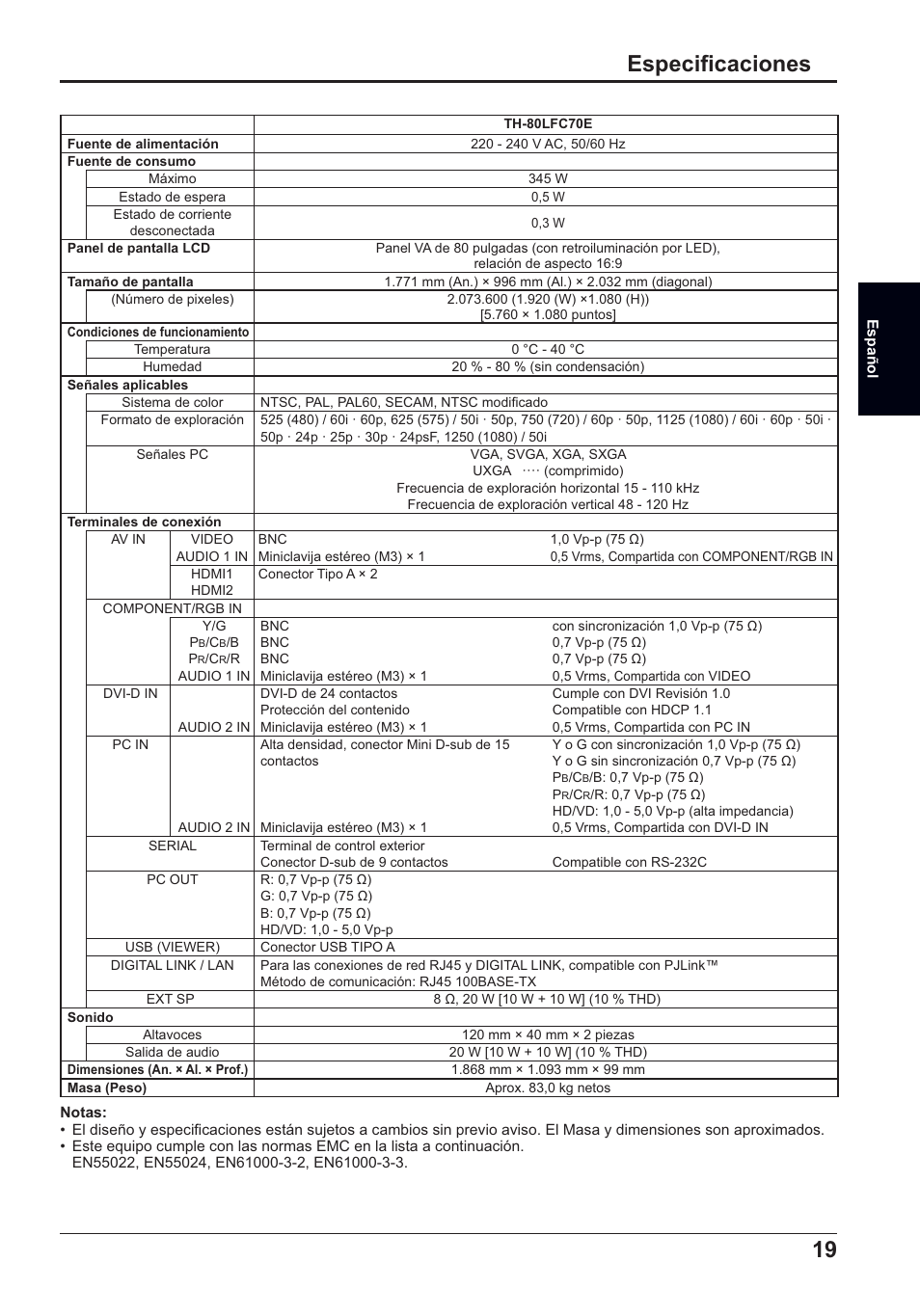 19 especifi caciones | Panasonic TH50LFC70E User Manual | Page 39 / 40