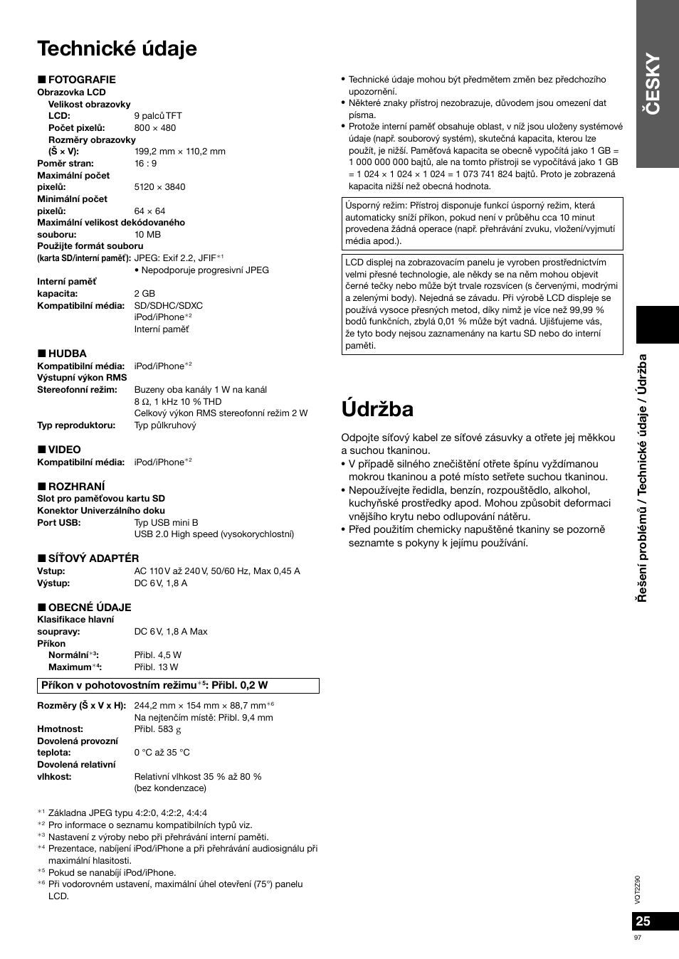 Technické údaje, Údržba, Èesky | Øešení pr oblémù / t ec hnic k é údaje / údržba | Panasonic MW20EG User Manual | Page 97 / 124