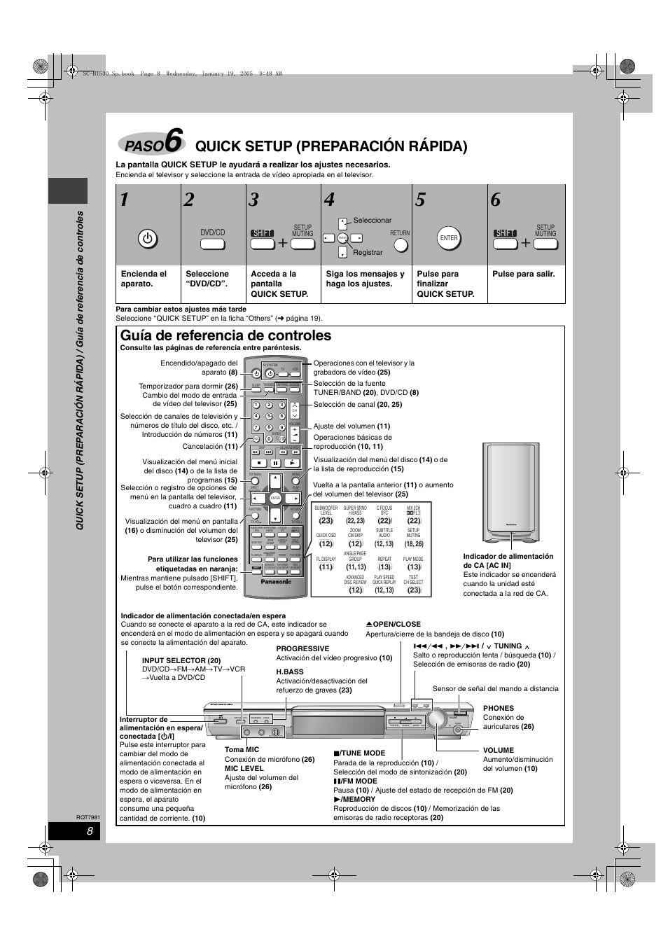 Paso, Quick setup (preparación rápida), Guía de referencia de controles | Tuning, Open close | Panasonic SCHT530 User Manual | Page 8 / 32
