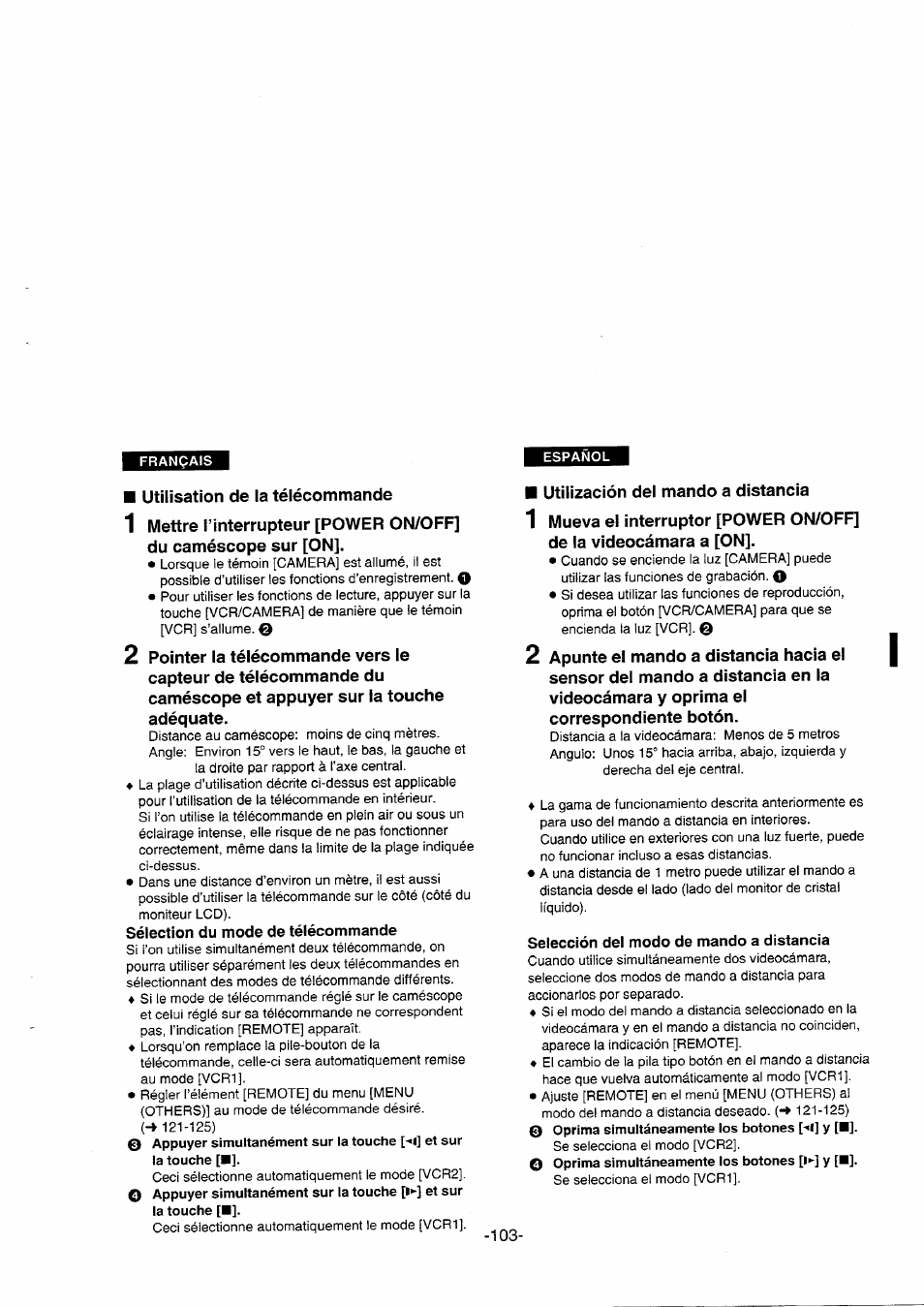 Sélection du mode de télécommande, Selección del modo de mando a distancia | Panasonic NVDS5EG User Manual | Page 103 / 184