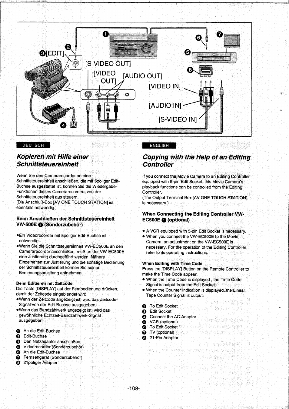 Kopieren mit hilfe einer schnittsteuereinheit, Copying with the help of an editing controller, When editing with time code | Panasonic NVDS5EG User Manual | Page 108 / 184