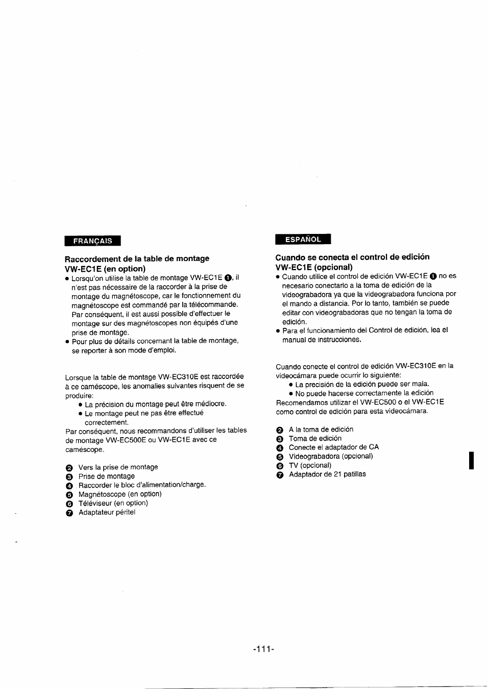 Raccordement de la table de montage, Vw-ec1e (en option), Cuando se conecta el control de edición | Vw-ec1e (opcional) | Panasonic NVDS5EG User Manual | Page 111 / 184