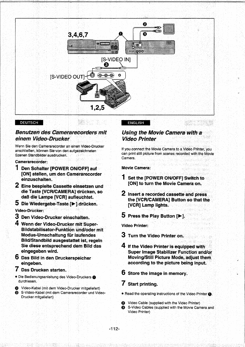 Using the movie camera with a, Video printer, Using the movie camera with a video | Printer, Using the movie camera with a video printer | Panasonic NVDS5EG User Manual | Page 112 / 184