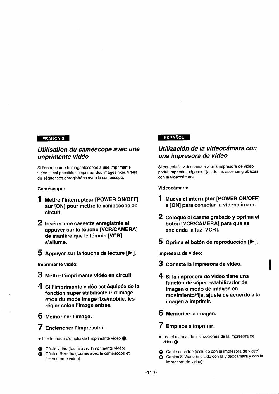 Utilisation du caméscope avec une imprimante vidéo | Panasonic NVDS5EG User Manual | Page 113 / 184