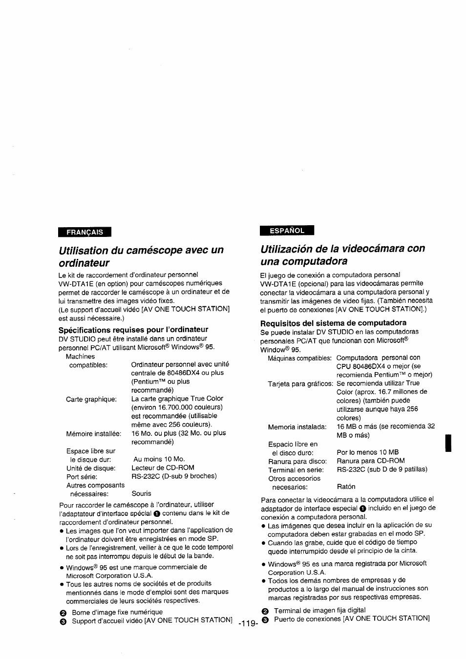 Utilisation du caméscope avec un ordinateur, Spécifications requises pour l’ordinateur, Utilización de la videocámara con una computadora | Requisitos dei sistema de computadora | Panasonic NVDS5EG User Manual | Page 119 / 184