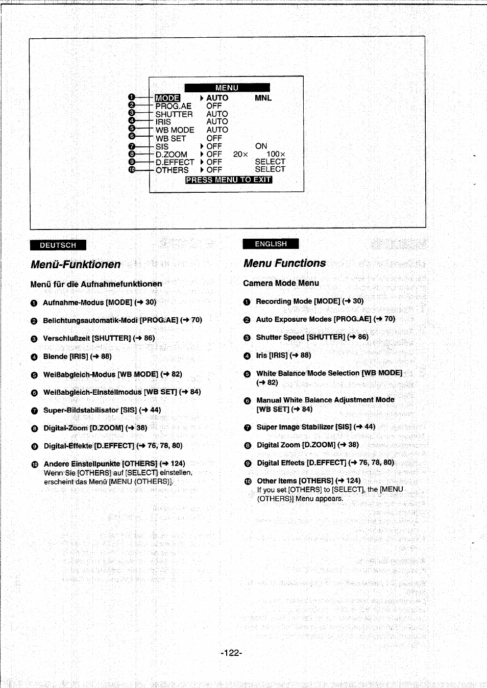 Menü-funktionen, Menu functions, 1ìz19h | 1 -ks | Panasonic NVDS5EG User Manual | Page 122 / 184