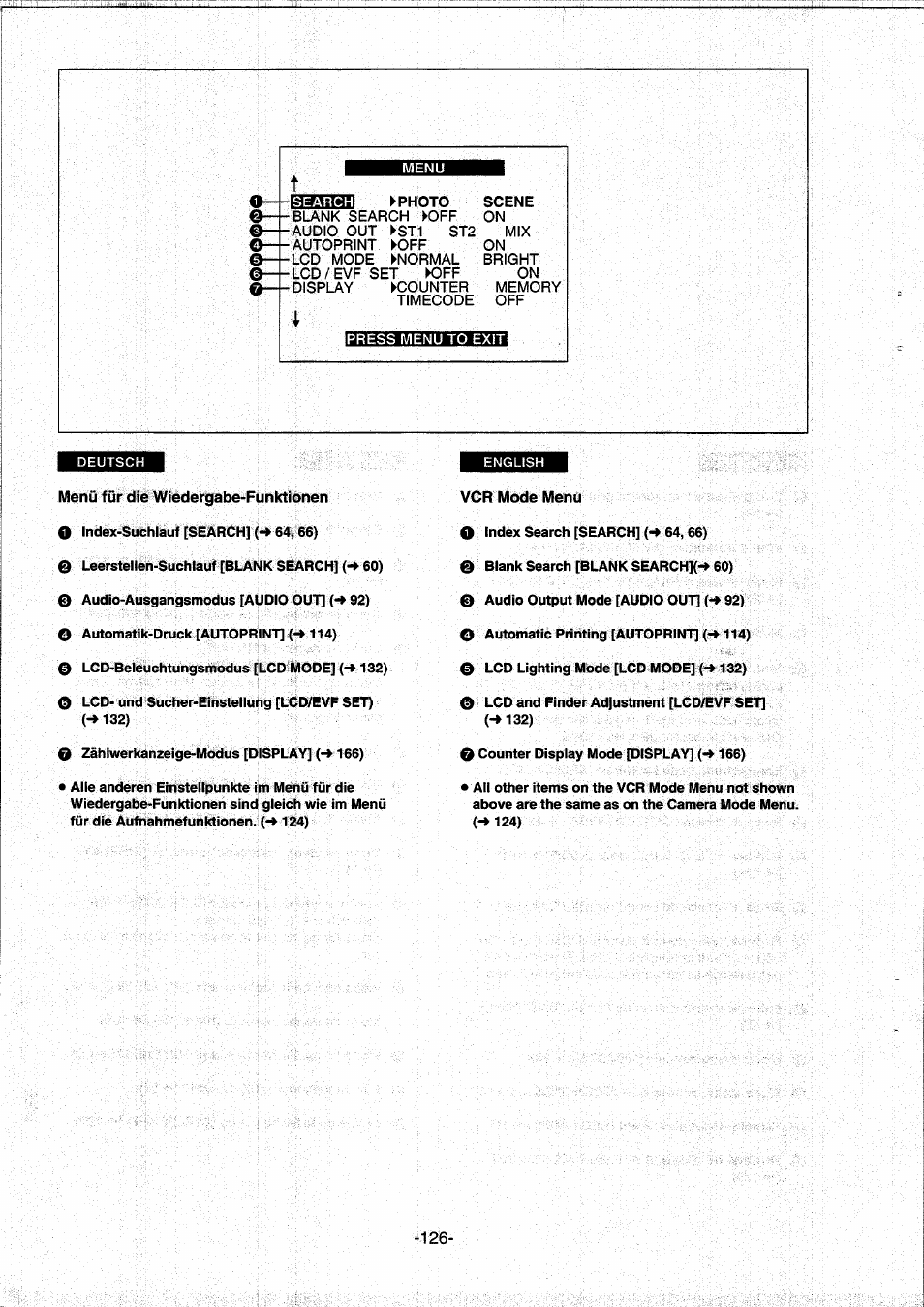 Menü für die wiedergabe-funktionen, Vcr mode menu | Panasonic NVDS5EG User Manual | Page 126 / 184