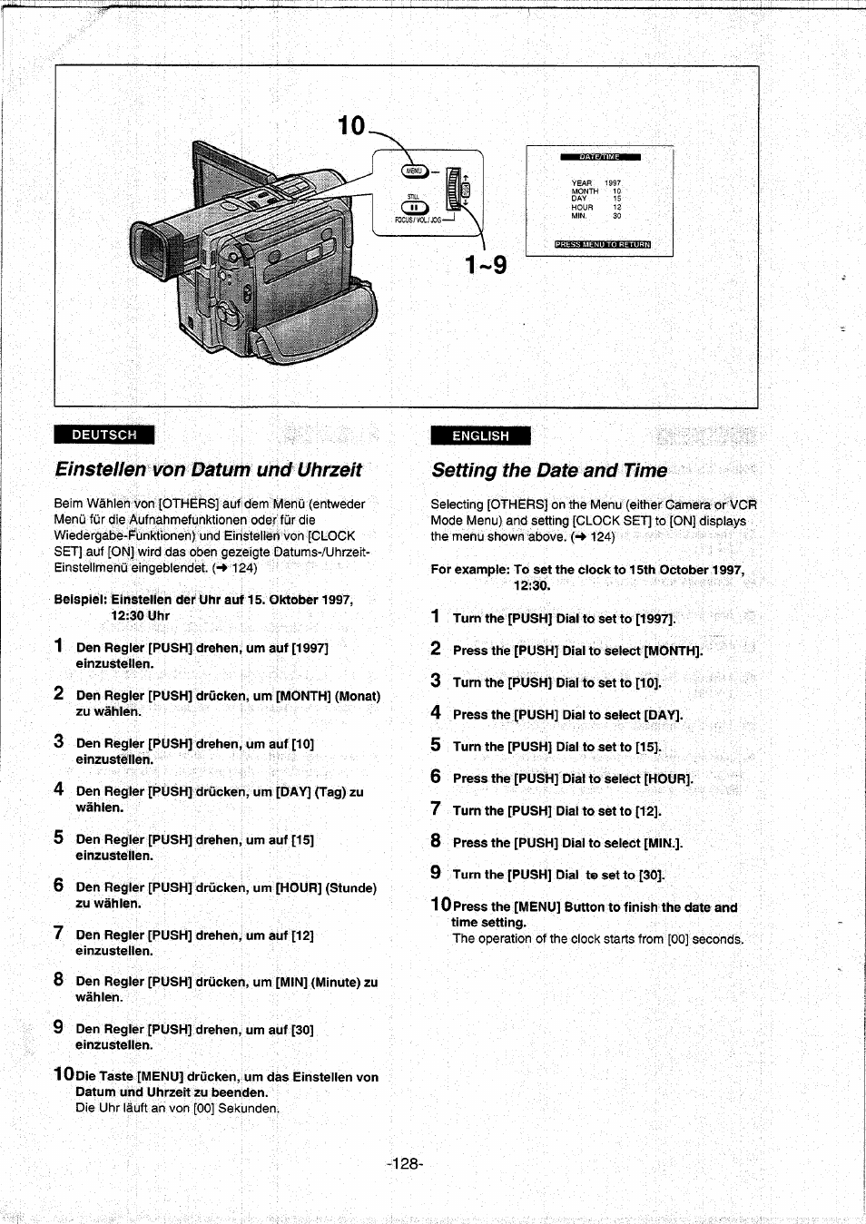 Einstellen von datum und uhrzeit, Setting the date and time | Panasonic NVDS5EG User Manual | Page 128 / 184