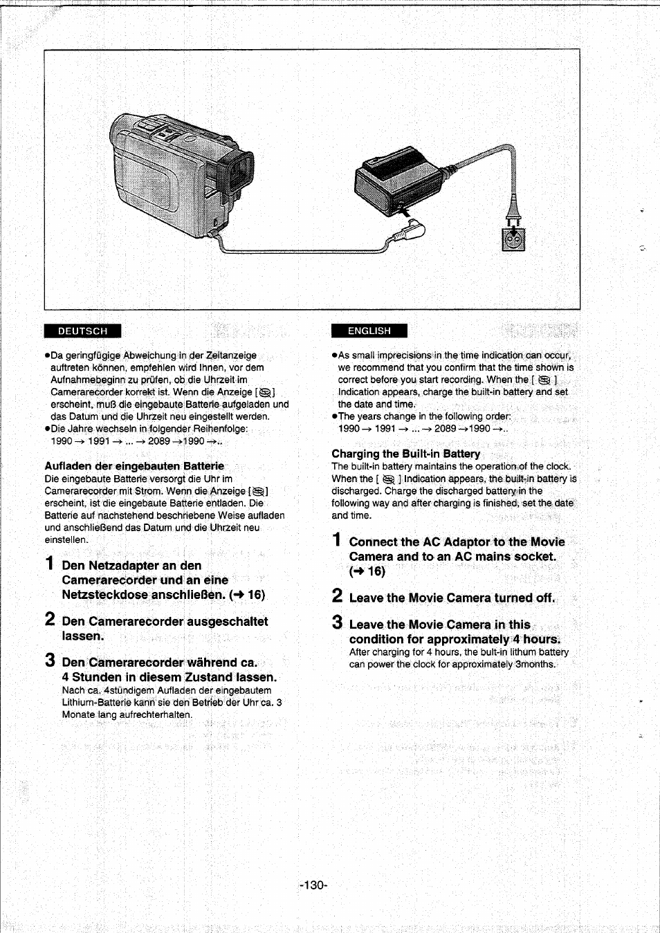 Aufladen der eingebauten batterie, Charging the built-in battery | Panasonic NVDS5EG User Manual | Page 130 / 184