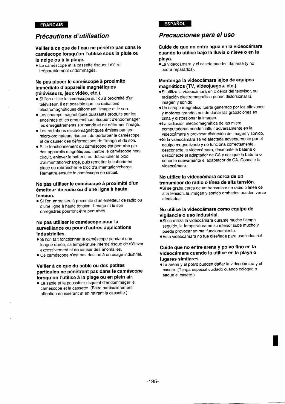 Précautions d’utilisation, Precauciones para el uso | Panasonic NVDS5EG User Manual | Page 135 / 184