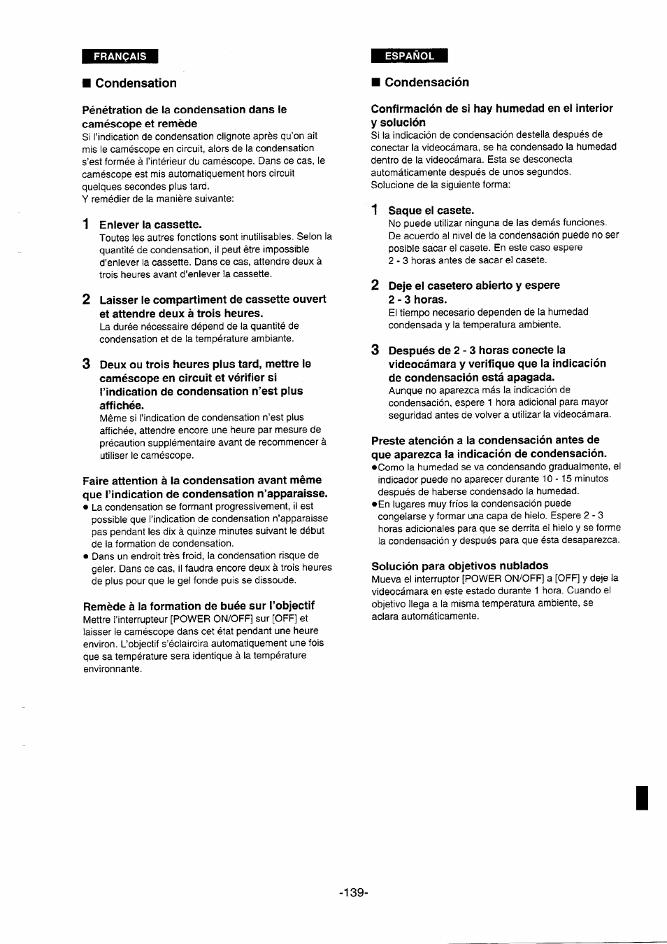 Condensación, Condensation, Condensation condensación | Panasonic NVDS5EG User Manual | Page 139 / 184