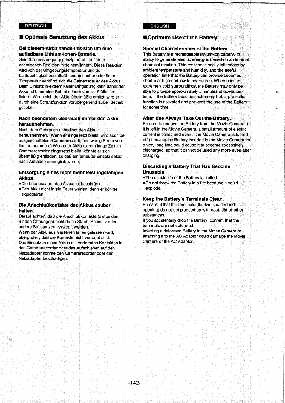 Optimale benutzung des akkus, Optimum use of the battery | Panasonic NVDS5EG User Manual | Page 142 / 184
