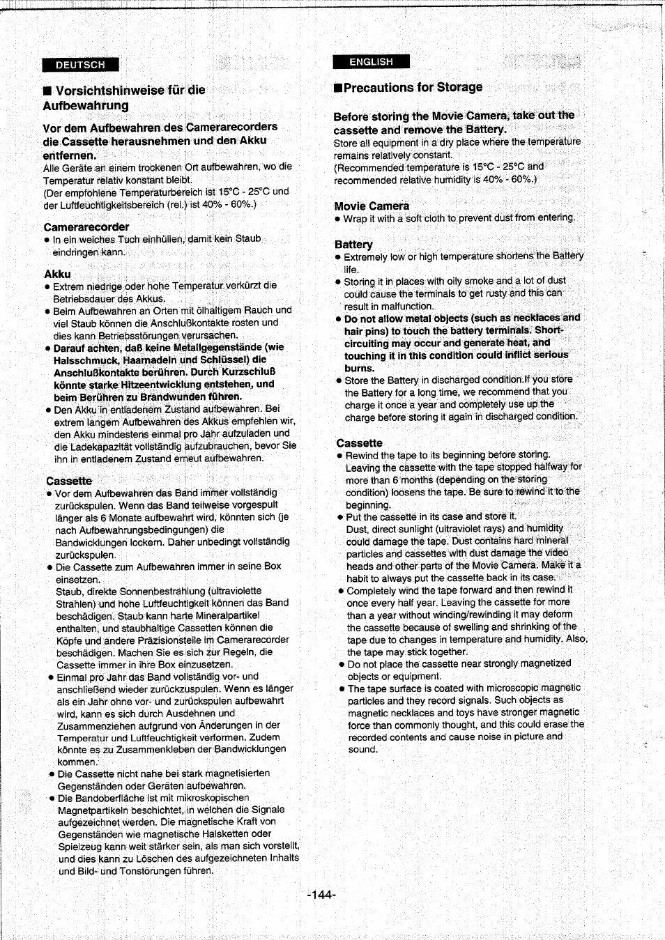 Vorsichtshinweise für die aufbewahrung, Camerarecorder, Akku | Cassette, Precautions for storage, Before storing the movie camera, take out the, Cassette and remove the battery, Movie camera, Battery | Panasonic NVDS5EG User Manual | Page 144 / 184