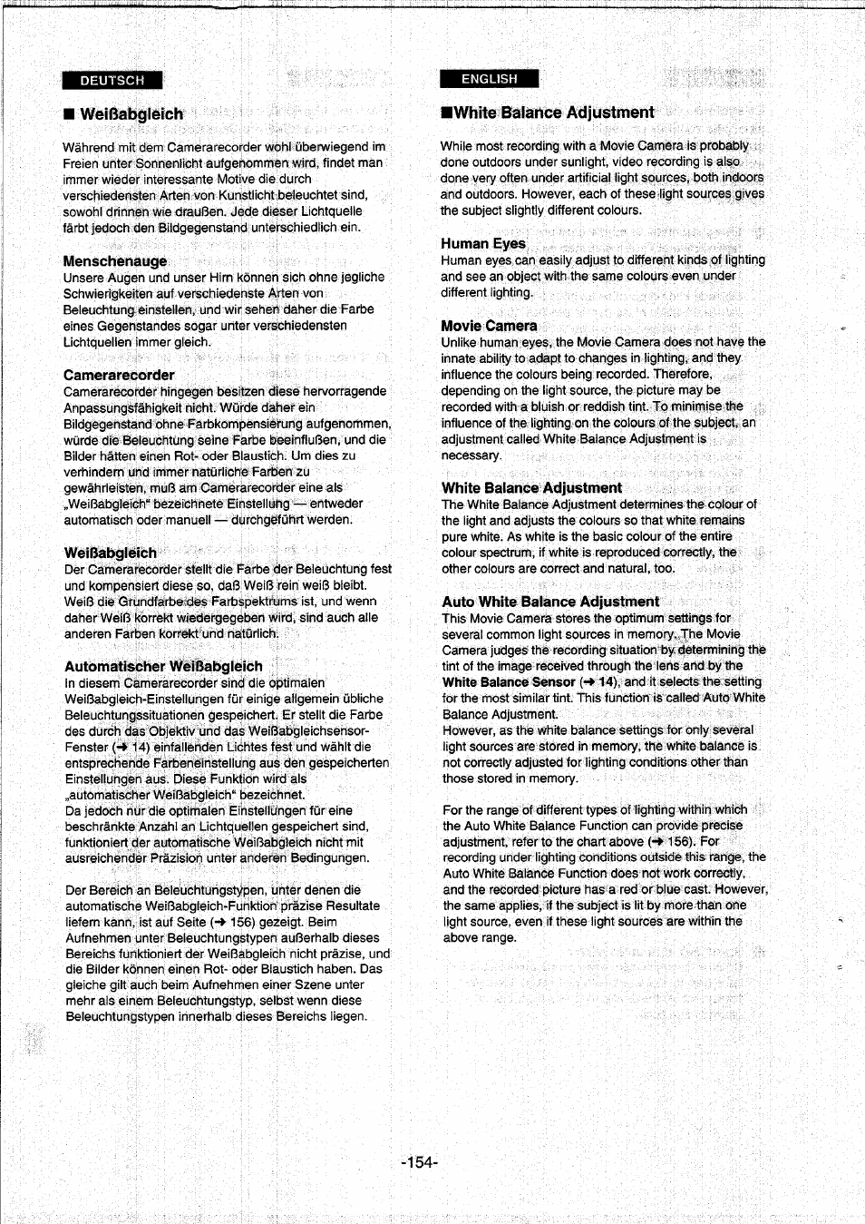 Menschenauge, Camerarecorder, Weißabgleich | Automatischer weißabgleich, Human eyes, Movie camera, White balance adjustment, Auto white balance adjustment | Panasonic NVDS5EG User Manual | Page 154 / 184