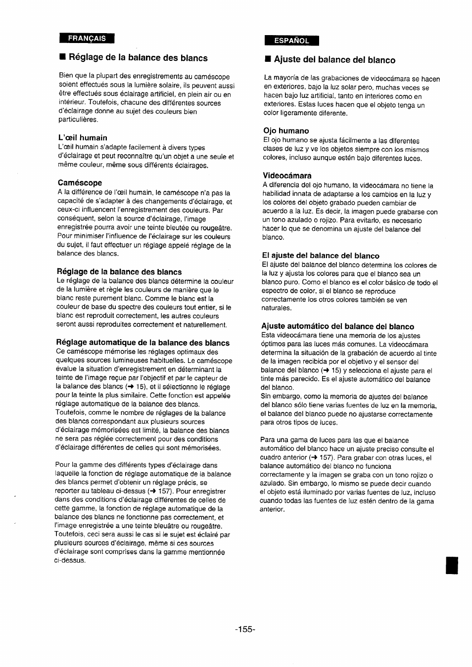 Réglage de la balance des blancs, L’œil humain, Caméscope | Réglage automatique de la balance des blancs, Ajuste del balance del blanco, Ojo humano, Videocámara, El ajuste del balance del blanco, Ajuste automático del balance dei blanco | Panasonic NVDS5EG User Manual | Page 155 / 184