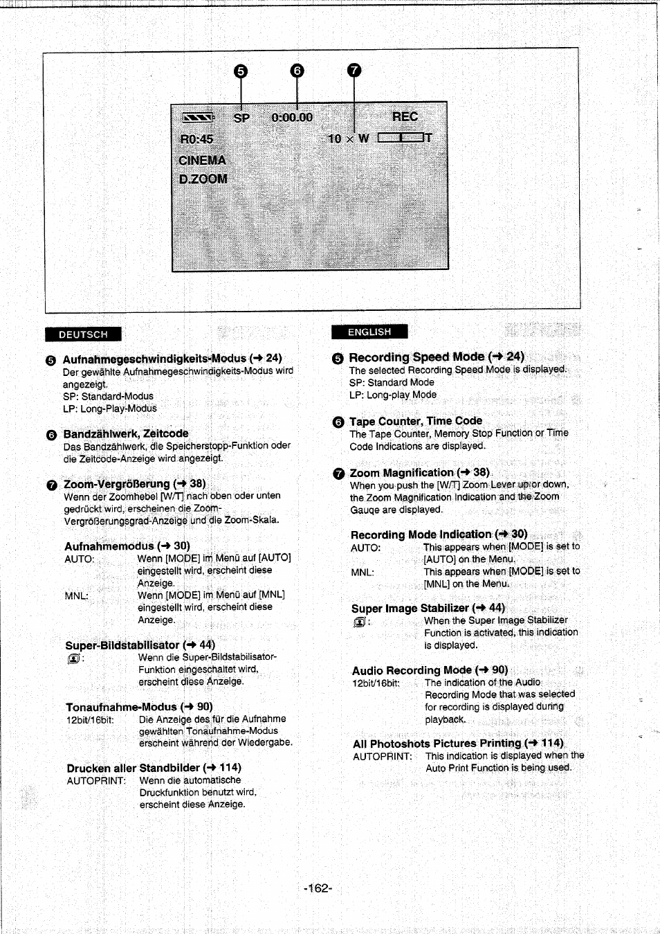 R0:45, Cinema, D.zoom | 10 x w l, 0 aufnahmegeschwindigkeits»<modus 24), 0 bandzählwerk, zeitcode, 0 zoom-vergrößerung (*♦ 38), Aufnahmemodus (-♦ 30), Super-bildstabilisator 44), Tonaufnahme-modus 90) | Panasonic NVDS5EG User Manual | Page 162 / 184