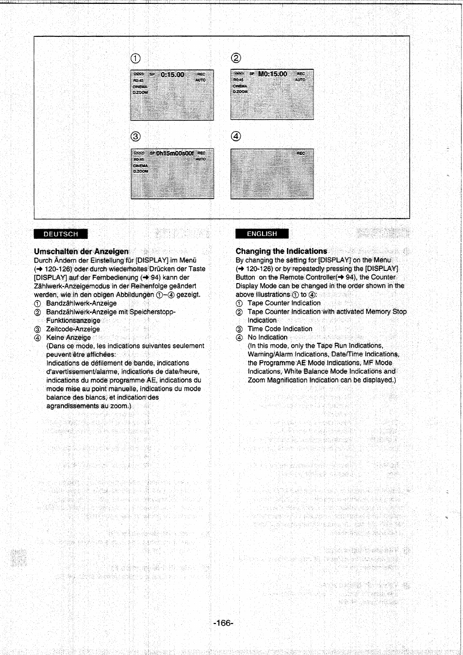 Umschalten der anzeigen, Changing the indications | Panasonic NVDS5EG User Manual | Page 166 / 184