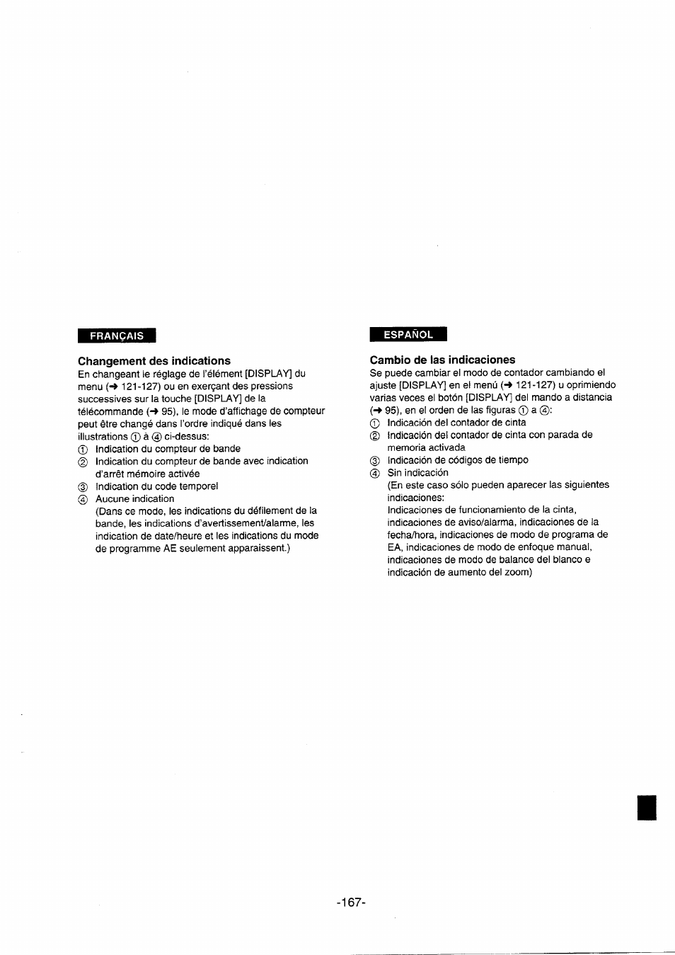 Changement des indications, Cambio de las indicaciones | Panasonic NVDS5EG User Manual | Page 167 / 184