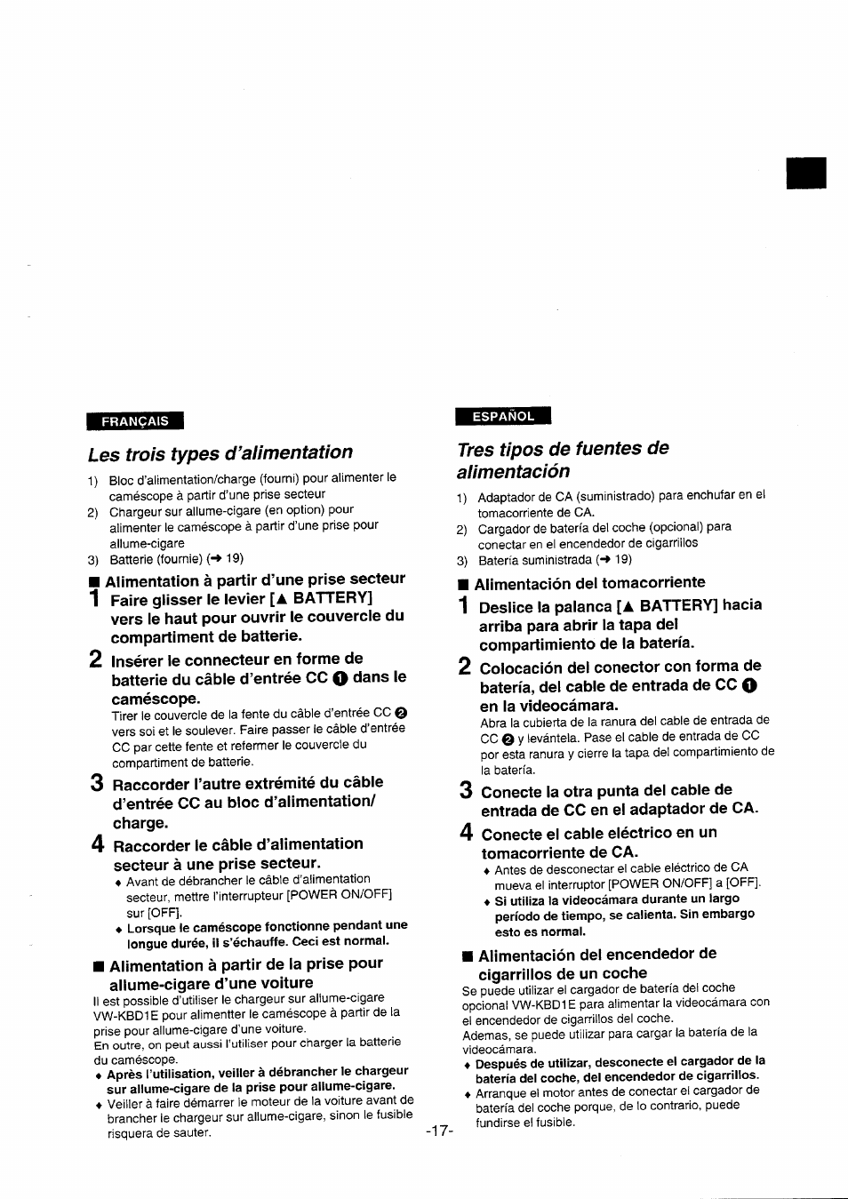 Les trois types d’alimentation, Tres tipos de fuentes de alimentación | Panasonic NVDS5EG User Manual | Page 17 / 184