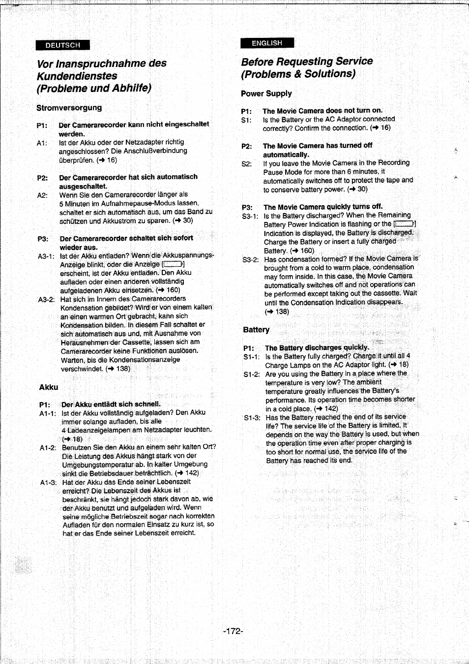 Stromversorgung, Akku, Before requesting service (problems & solutions) | Power supply, Battery | Panasonic NVDS5EG User Manual | Page 172 / 184