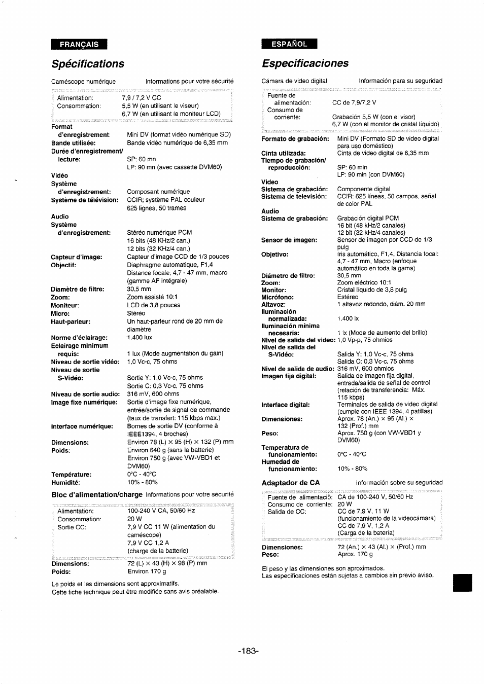 Spécifications, Especificaciones, Specifications | Panasonic NVDS5EG User Manual | Page 183 / 184