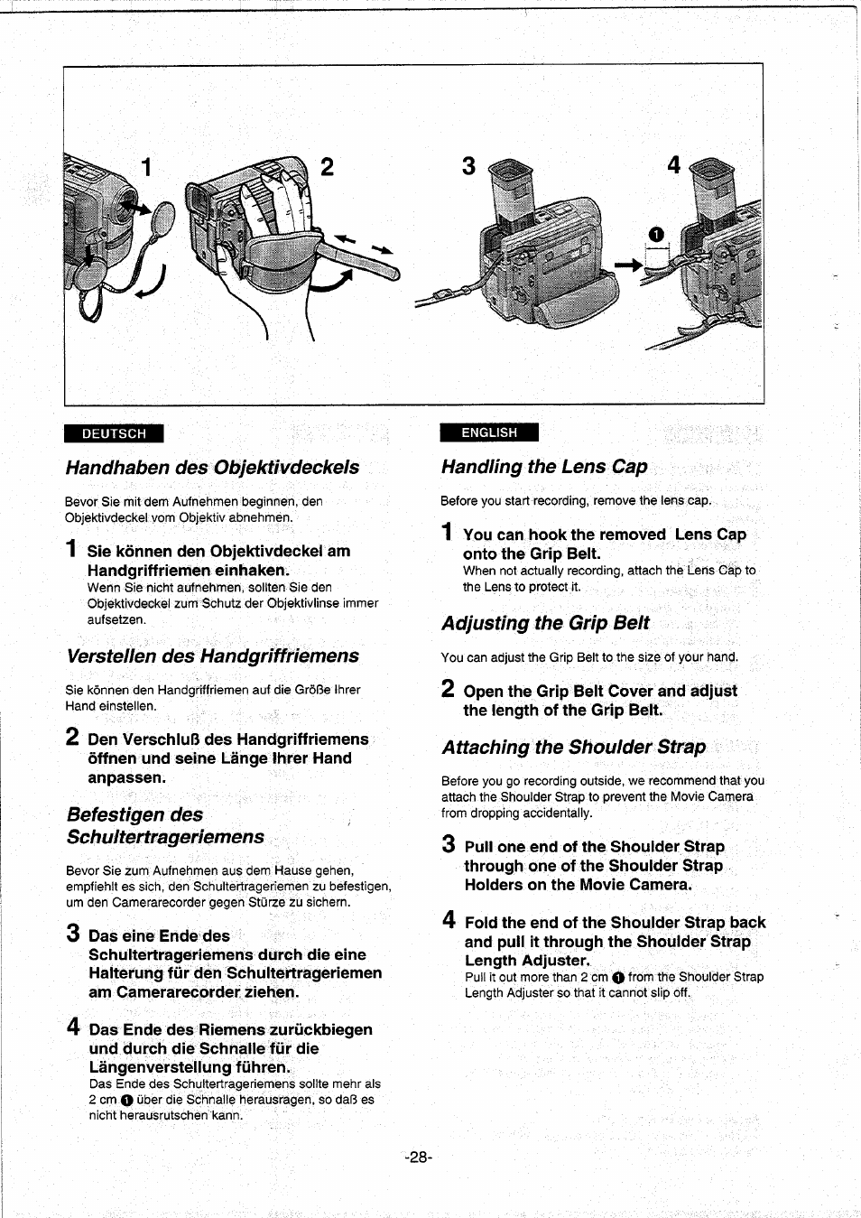 Handhaben des objektivdeckels, Verstellen des handgriffriemens, Befestigen des schultertrageriemens | Handling the lens cap, Adjusting the grip belt, A ttaching the shoulder strap, Handing the lens caps | Panasonic NVDS5EG User Manual | Page 28 / 184