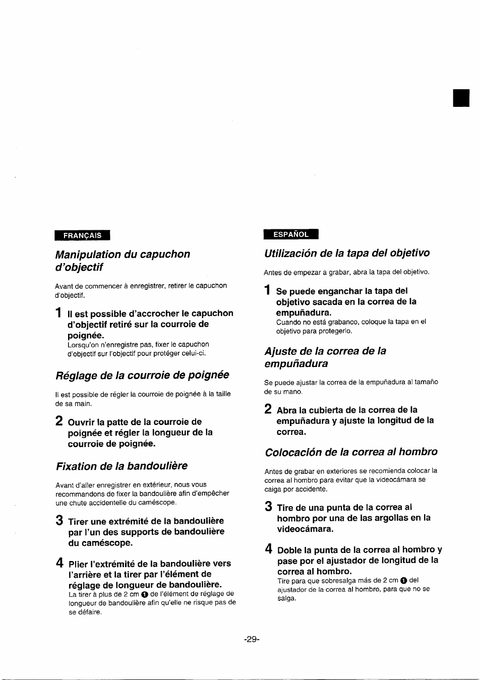 Manipulation du capuchon d’objectif, Régiage de la courroie de poignée, Fixation de la bandoulière | Utilización de la tapa del objetivo, Ajuste de la correa de la empuñadura, Colocación de la correa al hombro | Panasonic NVDS5EG User Manual | Page 29 / 184