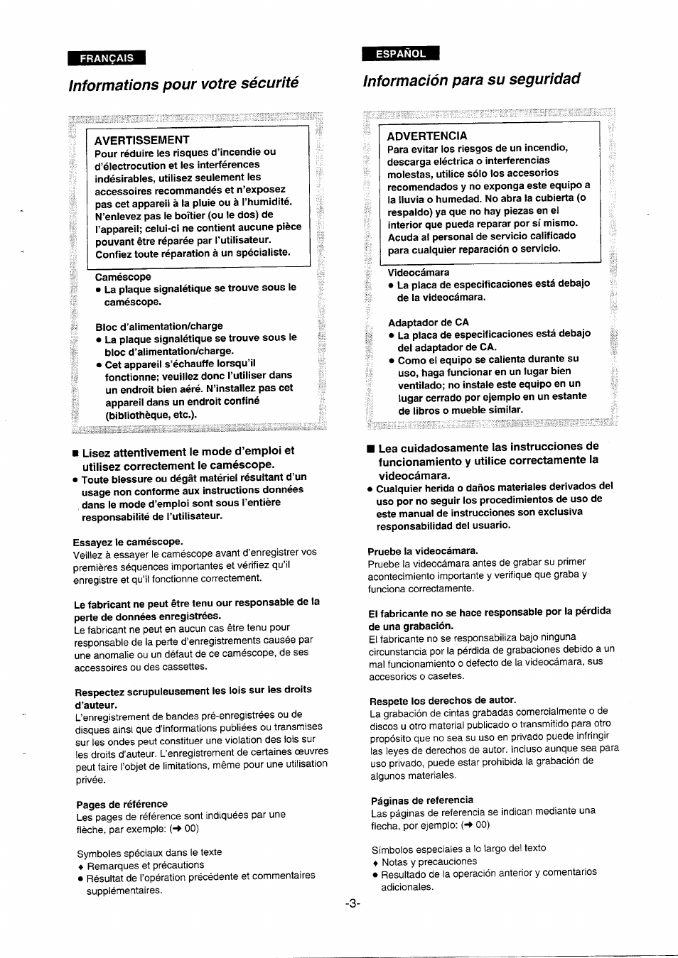 Informations pour votre sécurité, Información para su seguridad, Advertencia | Panasonic NVDS5EG User Manual | Page 3 / 184