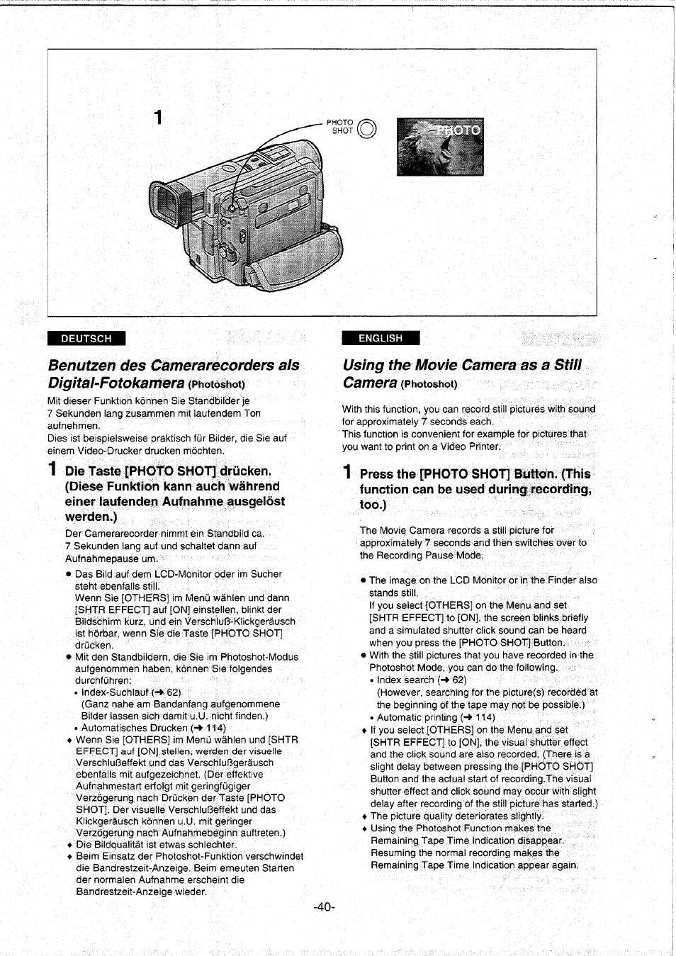 Using the movie camera as a stiil camera | Panasonic NVDS5EG User Manual | Page 40 / 184