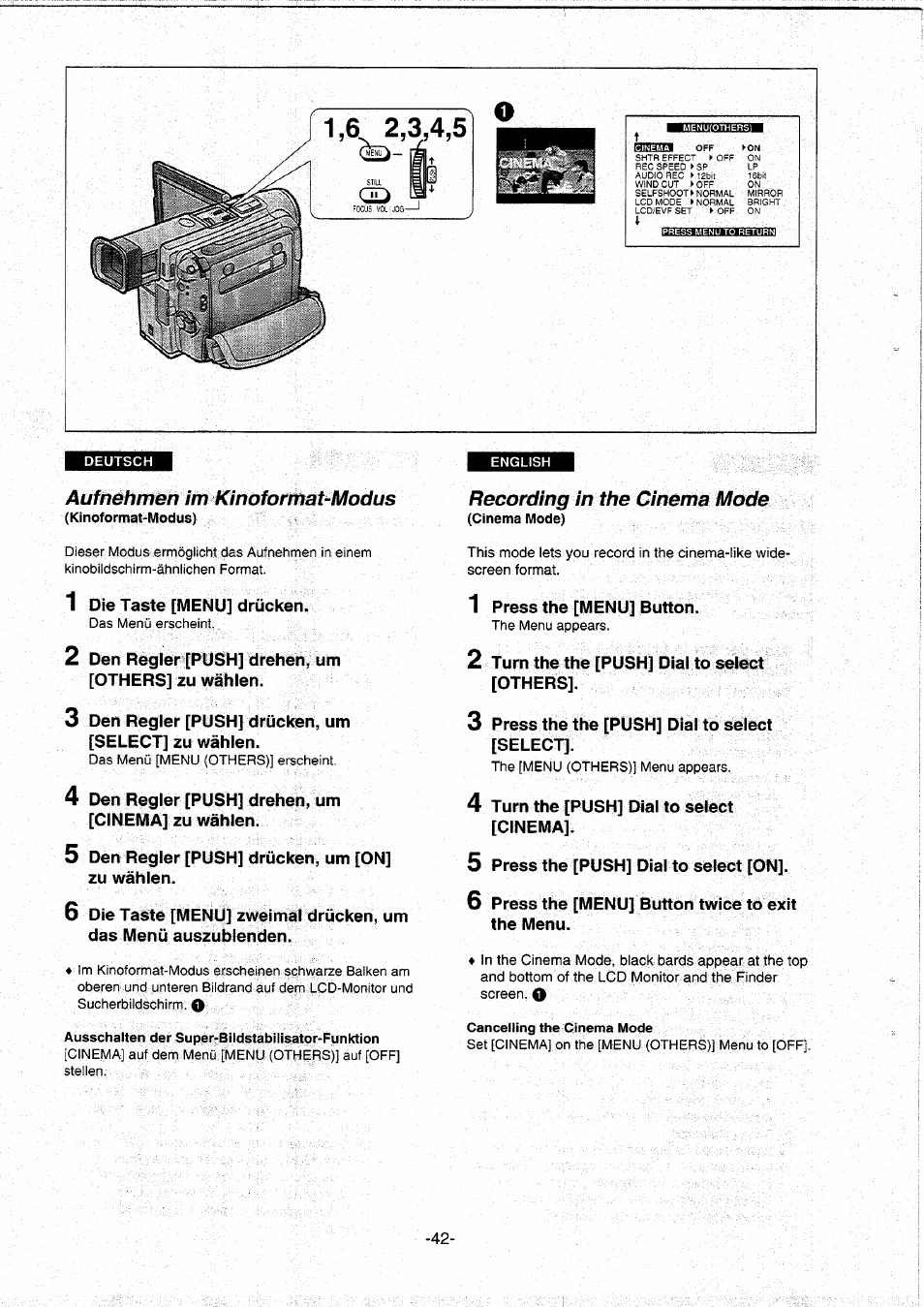 Aufnehmen im kinoformat-modus, Kinoformat-modus), Recording in the cinema mode | Cinema mode) | Panasonic NVDS5EG User Manual | Page 42 / 184