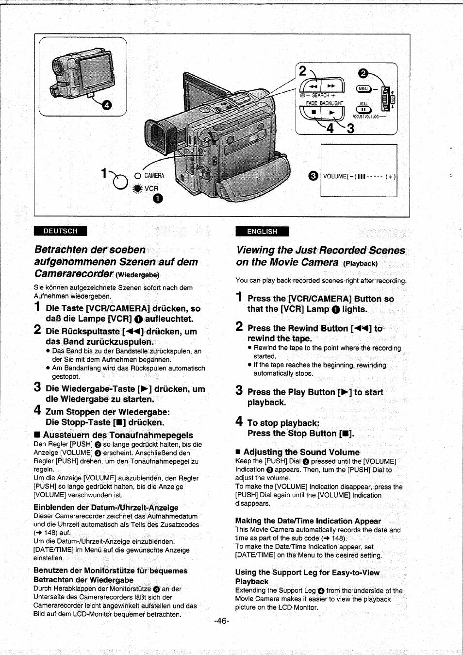 Betrachten der soeben aufgenommenen szenen auf dem, Einblenden der datum-zuhrzeit-anzeige, Making the date/time indication appear | Using the support leg for easy-to-view playback, C'i' t > ' ii jf | Panasonic NVDS5EG User Manual | Page 46 / 184