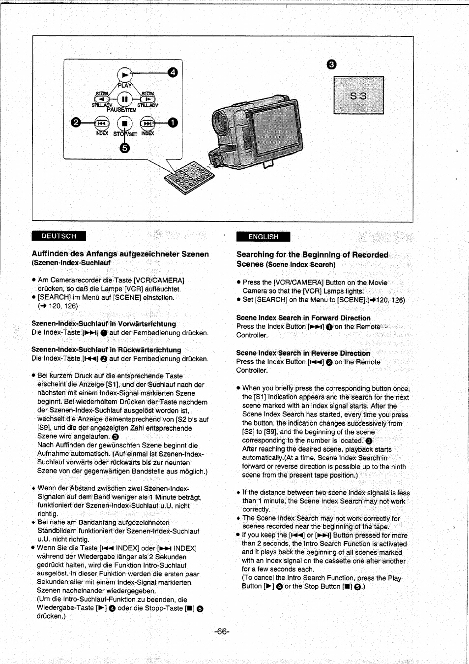 Auffinden des anfangs aufgezeichneter szenen, Searching for the beginning of recorded | Panasonic NVDS5EG User Manual | Page 66 / 184