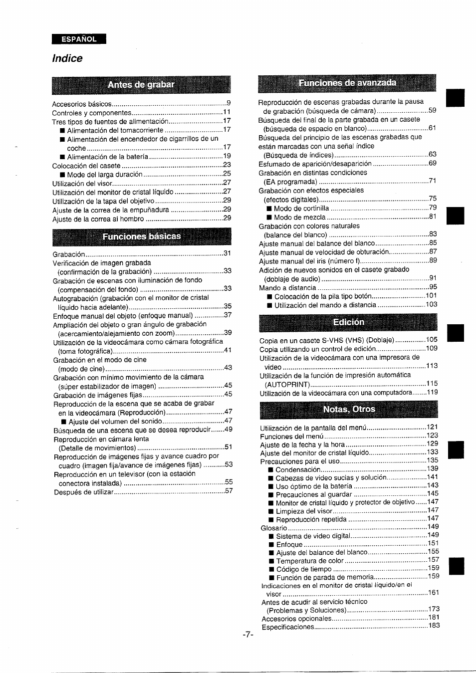 Indice, Ljy--—-l, Funciones de avanza edición | Panasonic NVDS5EG User Manual | Page 7 / 184