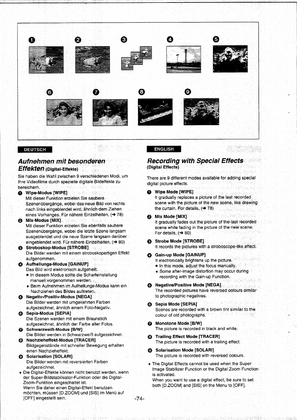 Recording with special effects, Auf nehmen mit besonderen effekten | Panasonic NVDS5EG User Manual | Page 74 / 184