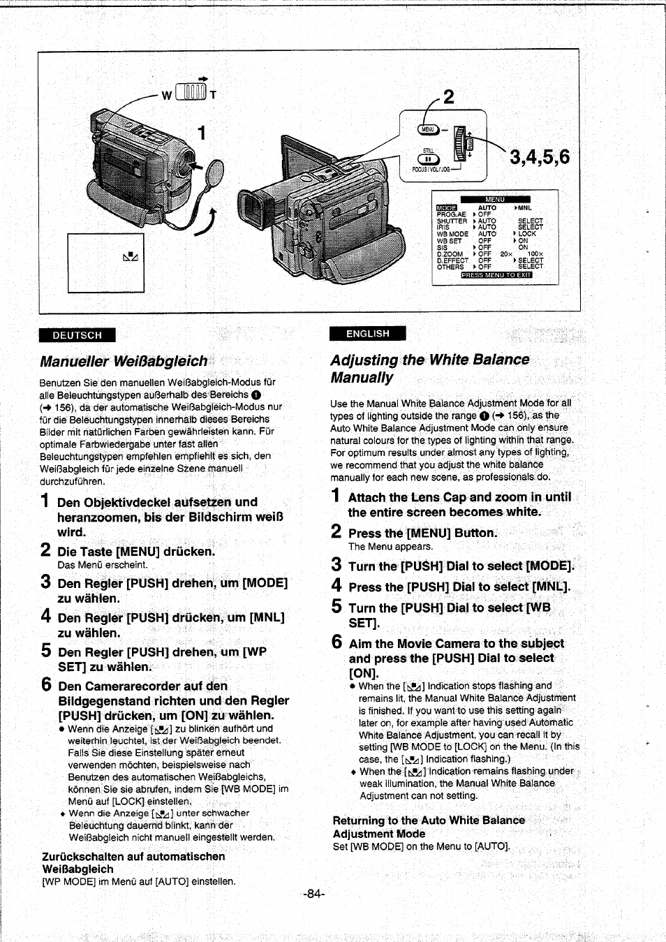 Manueller weißabgleich, Zurückschalten auf automatischen weißabgleich, Adjusting the white balance manually | Panasonic NVDS5EG User Manual | Page 84 / 184