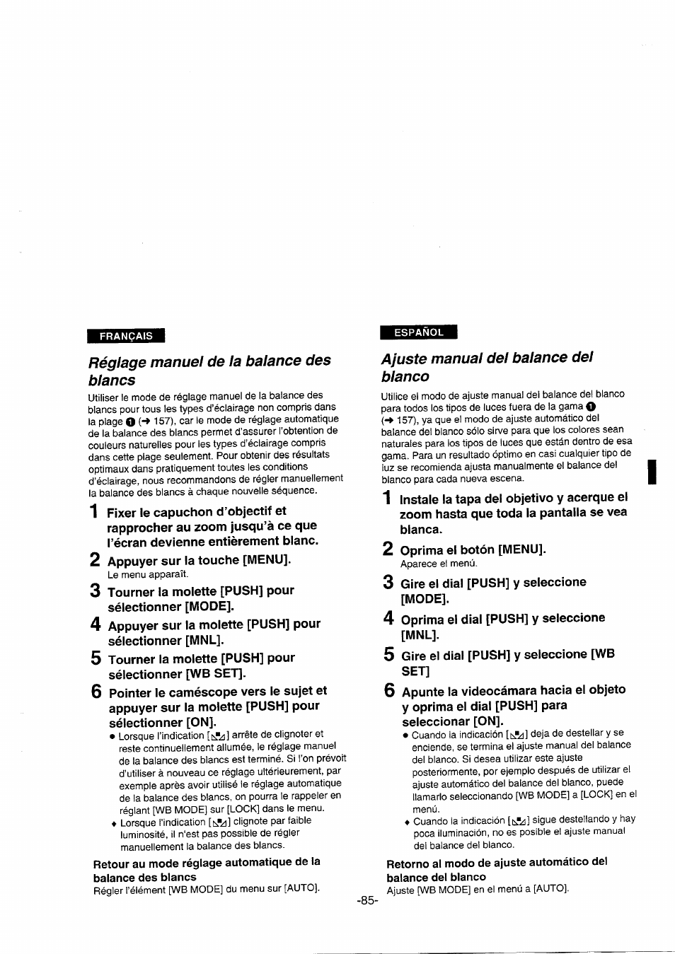 Réglage manuel de la balance des blancs, Ajuste manual del balance del blanco | Panasonic NVDS5EG User Manual | Page 85 / 184