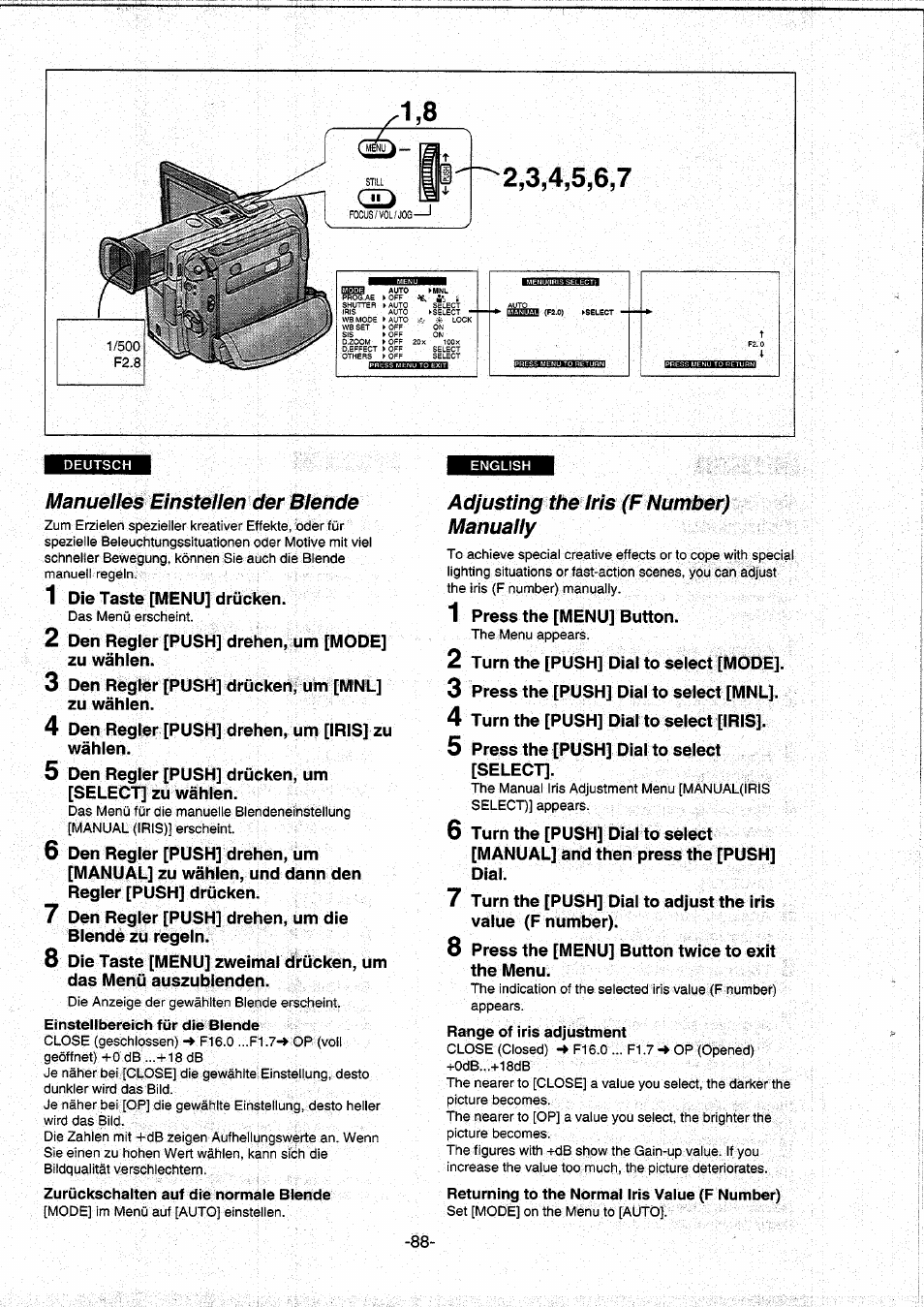 Manuelles elnstellen der blende, Einstellbereich für die blende, Zurückschalten auf die normale blende | Adjusting the iris (f number) manually, Manuelles einstellen der blende | Panasonic NVDS5EG User Manual | Page 88 / 184