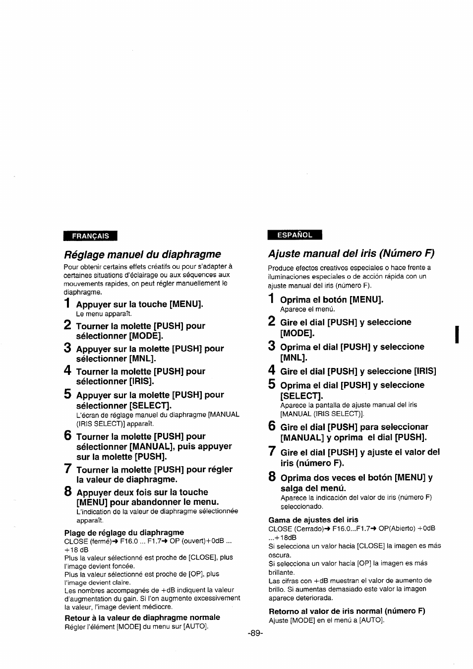 Réglage manuel du diaphragme, Ajuste manual del iris (número f) | Panasonic NVDS5EG User Manual | Page 89 / 184